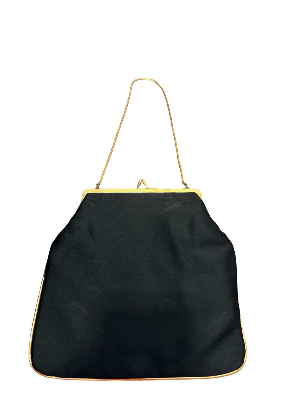 Vintage Black Satin Embroidered Evening Bag Gold Kiss Lock Purse - Picture 3 of 4
